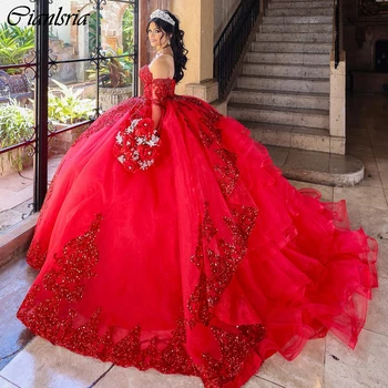 червен разглобяем ръкав къдри топка рокля quinceanera рокли пайети апликации дантела корсет vestidos де 15 años